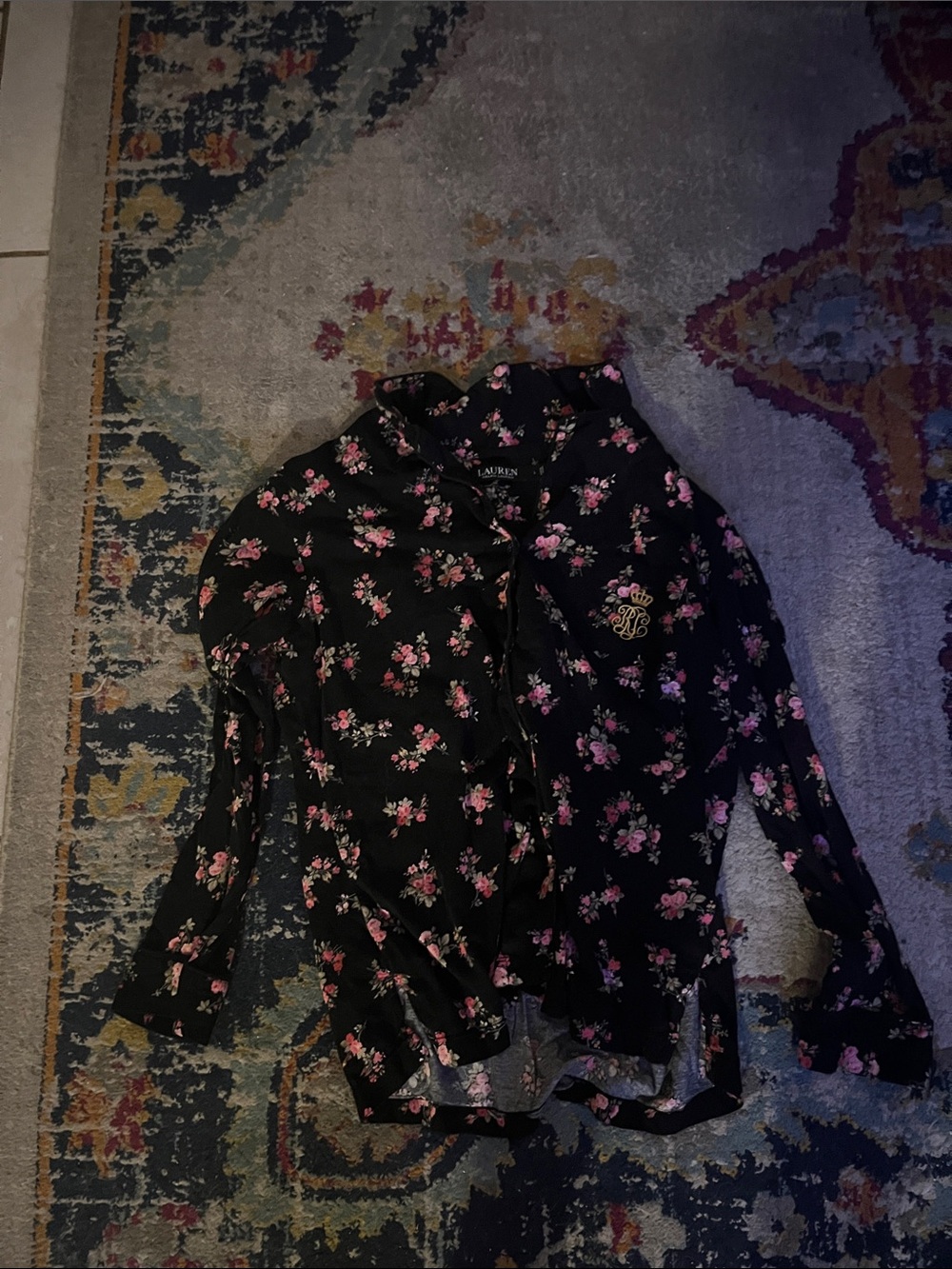 Lauren Ralph Lauren Black Floral Button-Front pajama top.